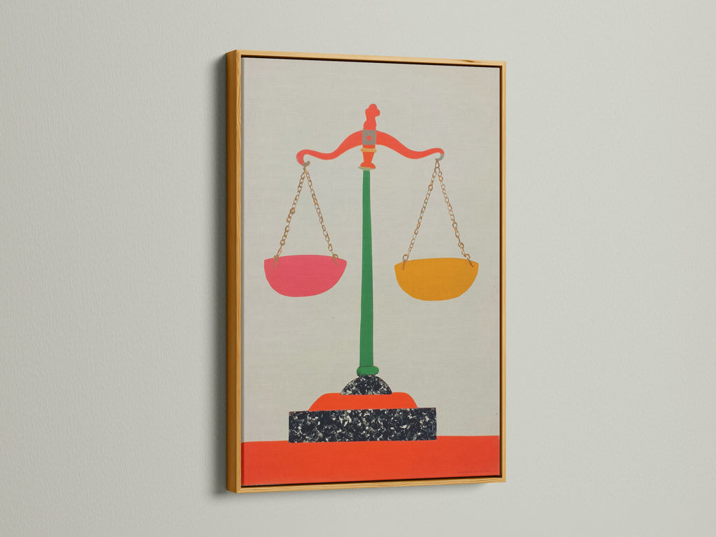 Justice Scales canvas print in a gold frame. The gold frame adds elegance and luxury. This modern legal art is perfect as an attorney gift. It stands out as a statement piece in any legal setting.
