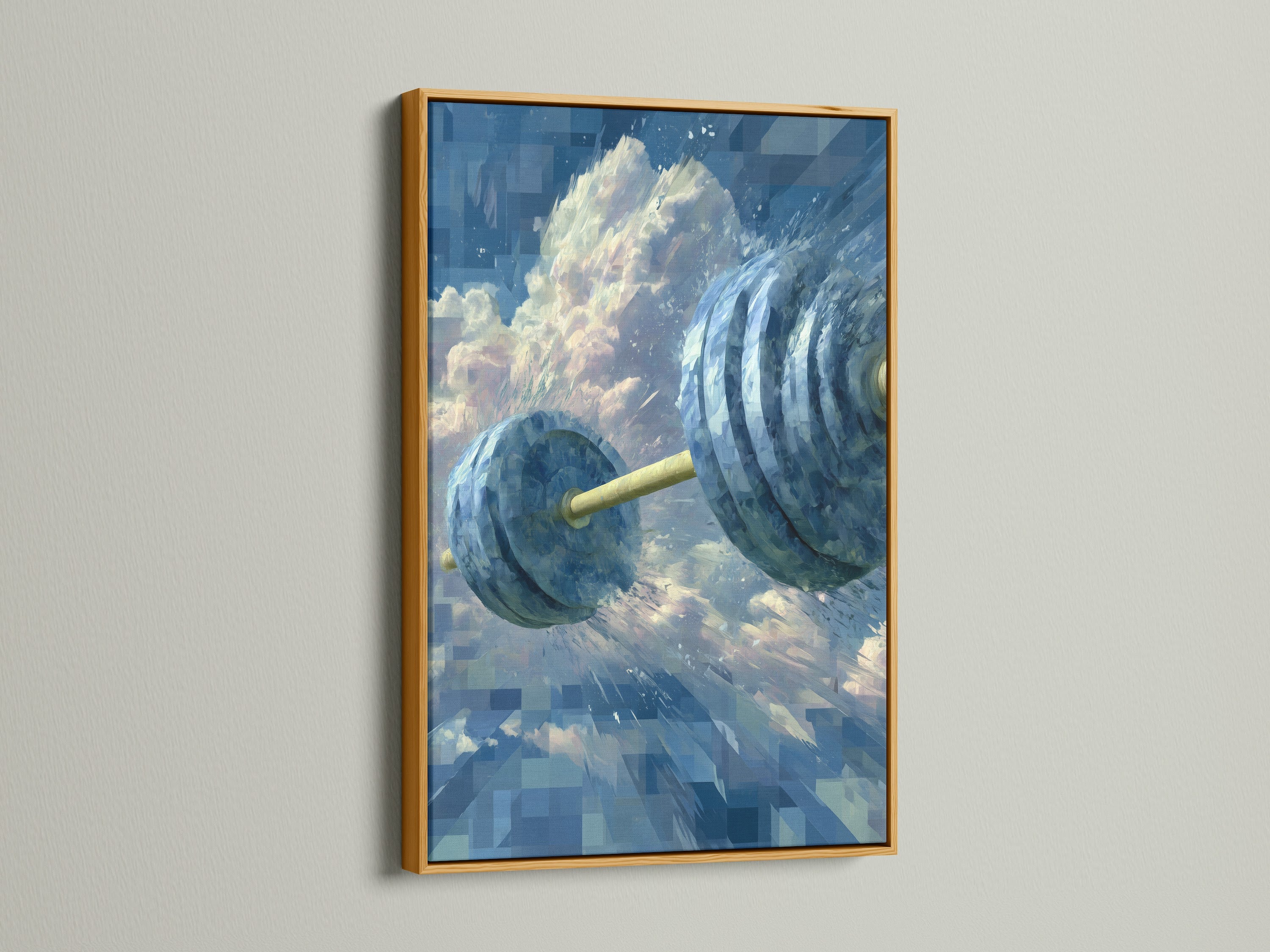 Fitness Motivation Canvas Print displayed in a gold frame. The dumbbell art print brings a touch of elegance to your gym room decor. This fitness canvas art creates a luxurious home workout space.