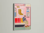 Pink Subway Art Print in a white frame. This modern artwork adds a touch of urban style to any room. The transit poster is perfect for contemporary apartment decor. The art complements minimalist urban or modern styles. It enhances living rooms apartments offices studios lobbies clinics cafés and co-working spaces.