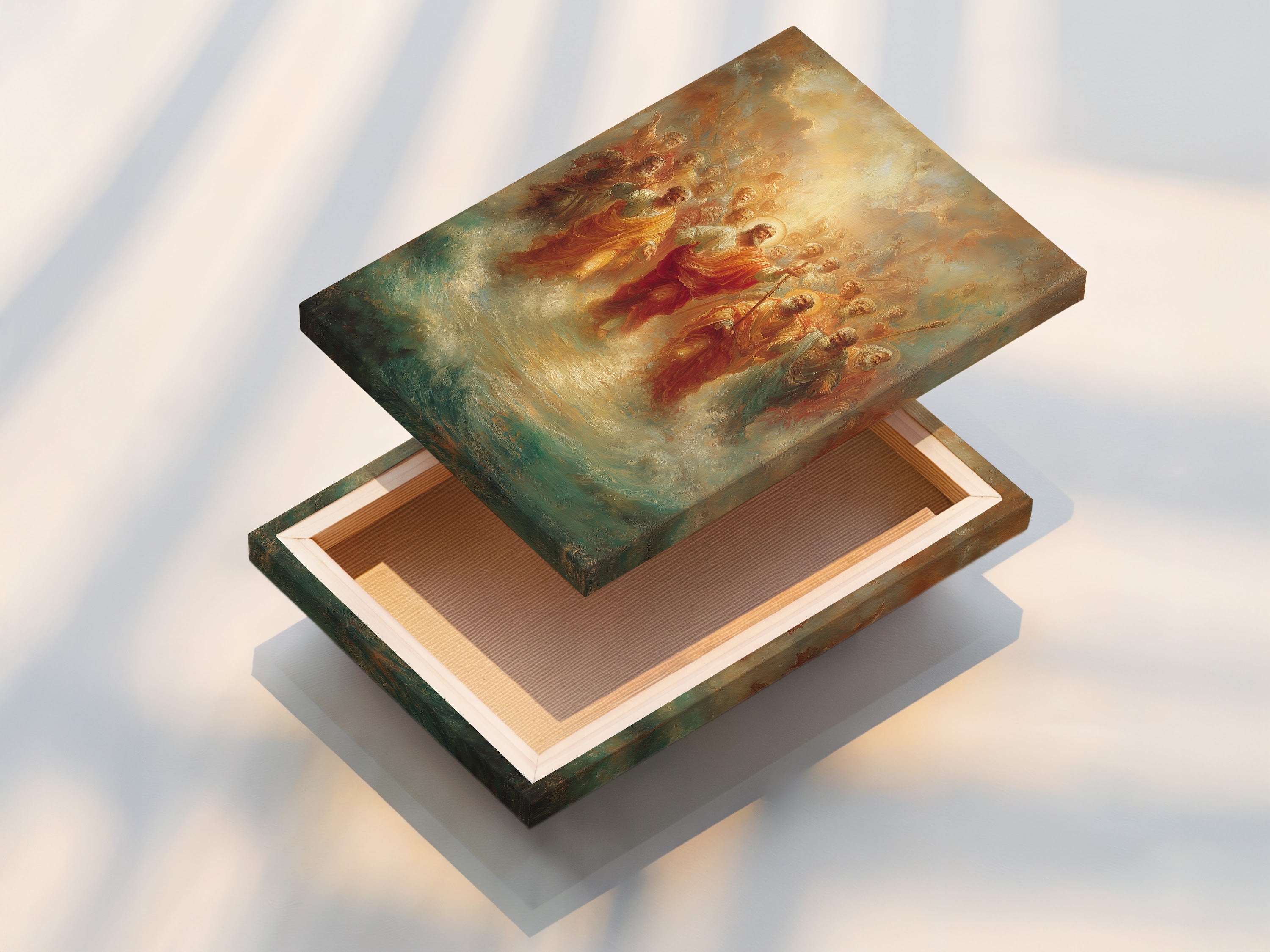 A stretched canvas print displays religious art of Jesus Christ with Apostles. This christian canvas art is ready to hang. It will transform any space into a spiritual haven. Perfect for those seeking high-quality religious wall art for their home or institution.