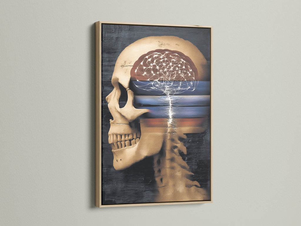 This is an anatomical wall art piece showcasing a brain canvas print. The surreal skull art is framed in oak. This gothic home decor is perfect for doctors nurses and medical students. The dark academia art style adds a unique touch to any space.