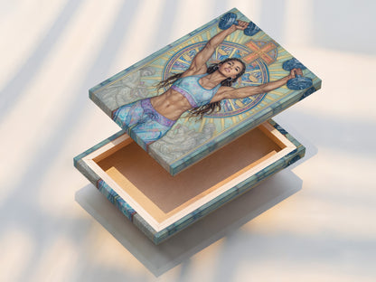 Stretched canvas print of Christian Gym Wall Art. This motivational artwork features a woman lifting weights. A cross and stained glass are in the background. Perfect spiritual workout canvas for home gym decor. Great as gym wall prints.