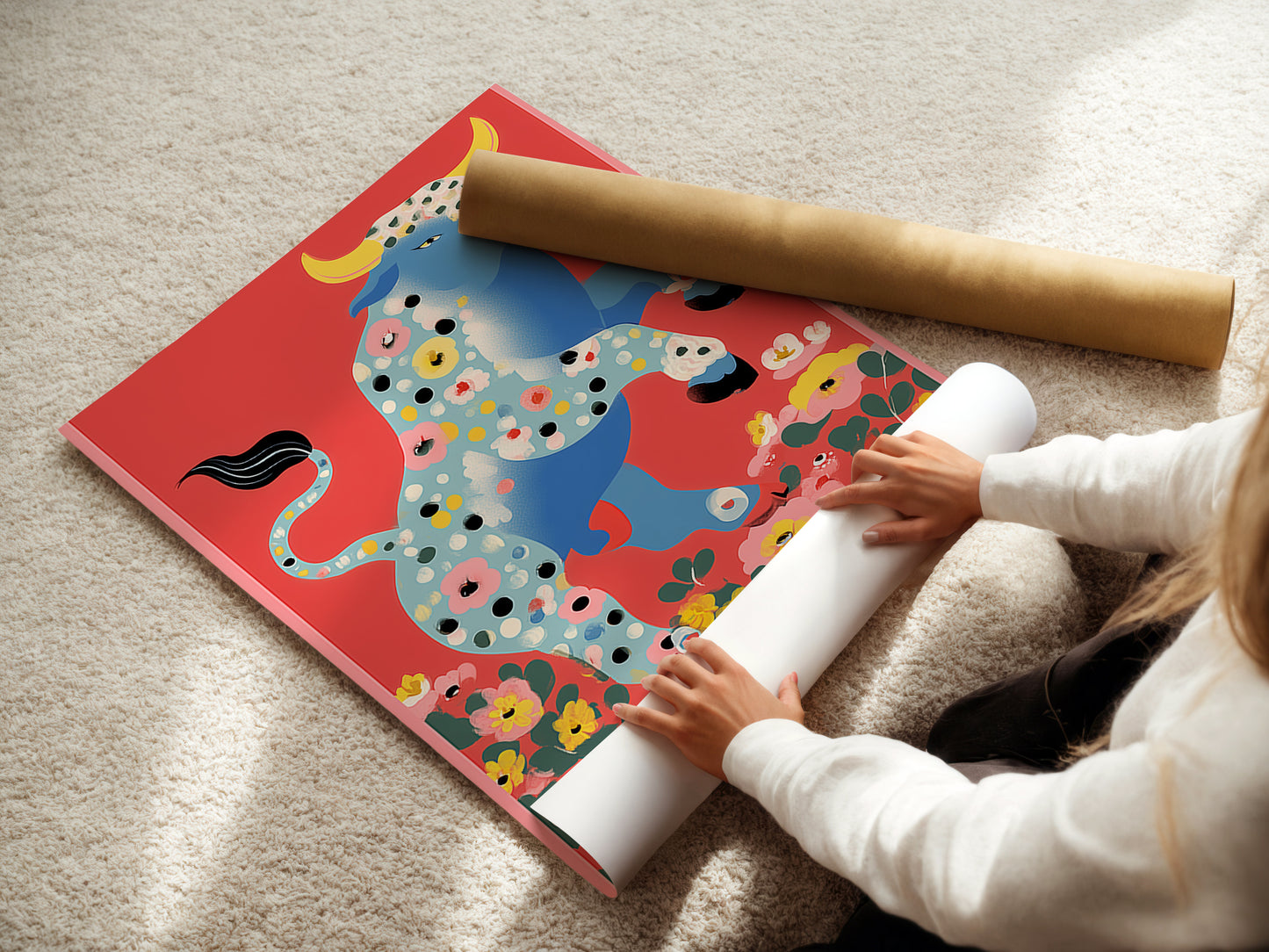 A woman is rolling a fine art poster paper of the Floral Bull artwork. The poster paper showcases the vibrant colors and intricate details. This retro animal art is perfect for adding a farmhouse touch. Ideal for those seeking unique and affordable wall art. The artwork's folk art charm is captivating.
