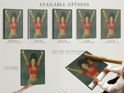 Available options for Euphoric Woman art. Choose from stretched canvas prints fine art poster paper or floating frames. Find the perfect style for your space. Cheerful art for any room. Ecstatic joy wall art that is expressive.