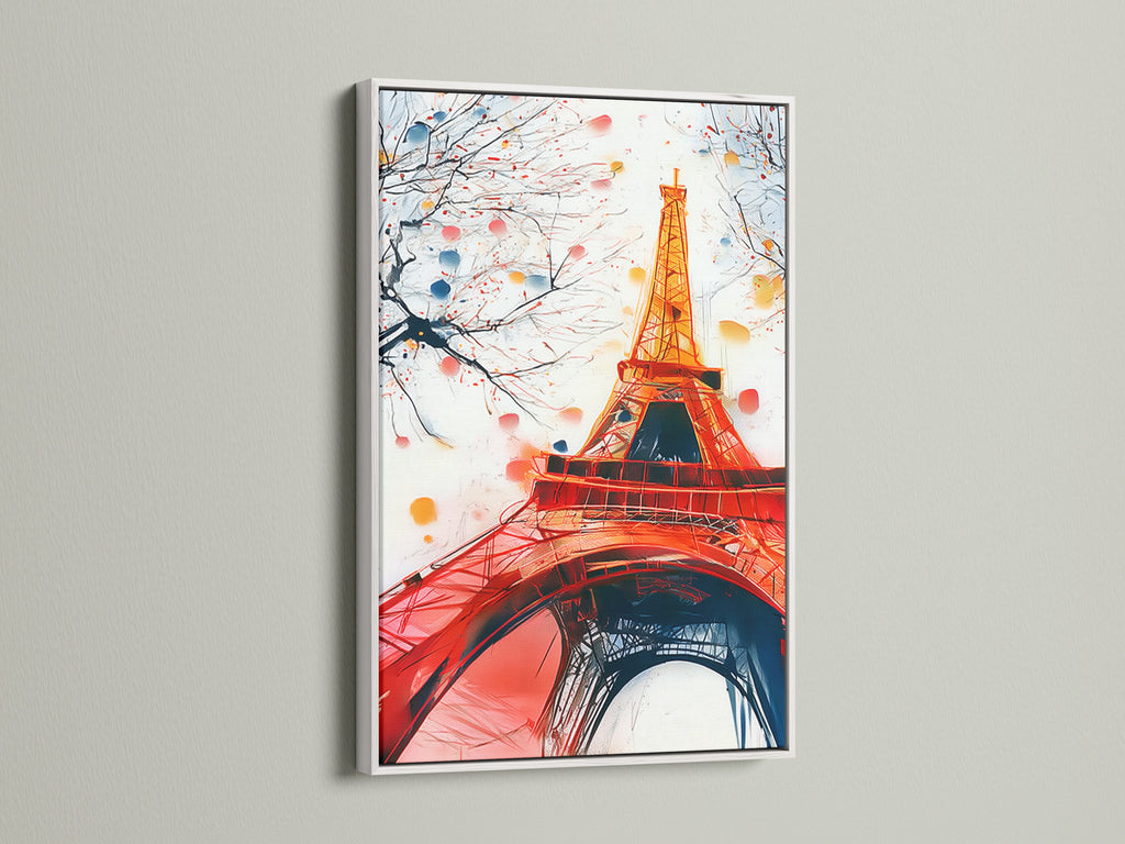 Eiffel Tower artwork with a white frame. A clean bright frame enhances the watercolor print and cherry blossom art. This is a versatile choice for any space from office wall art to Parisian decor.