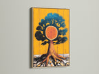 Tree of Life artwork with an oak frame. The artwork showcases a unique abstract tree print. Its sun wall art design brings nature indoors. This modern canvas art is perfect for adding a touch of nature to your space.