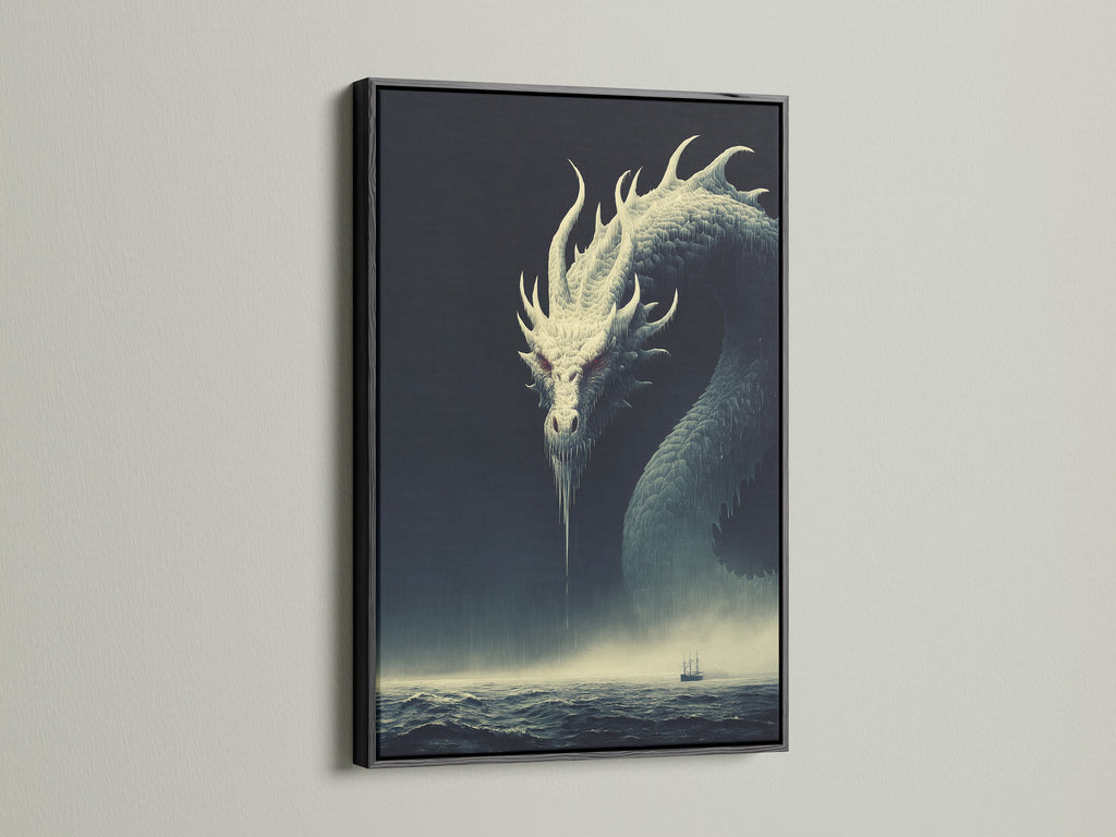 The Dragon Canvas Print is presented in a black frame. This sea monster artwork is a great addition to any space. This ocean canvas is ideal for game room enthusiasts seeking elevated gothic wall art.