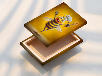 A stretched canvas print of the Chef Bee artwork. This funny kitchen art is ready to hang. The bee canvas print is perfect for dining room wall decor. Add this culinary wall art to your space.