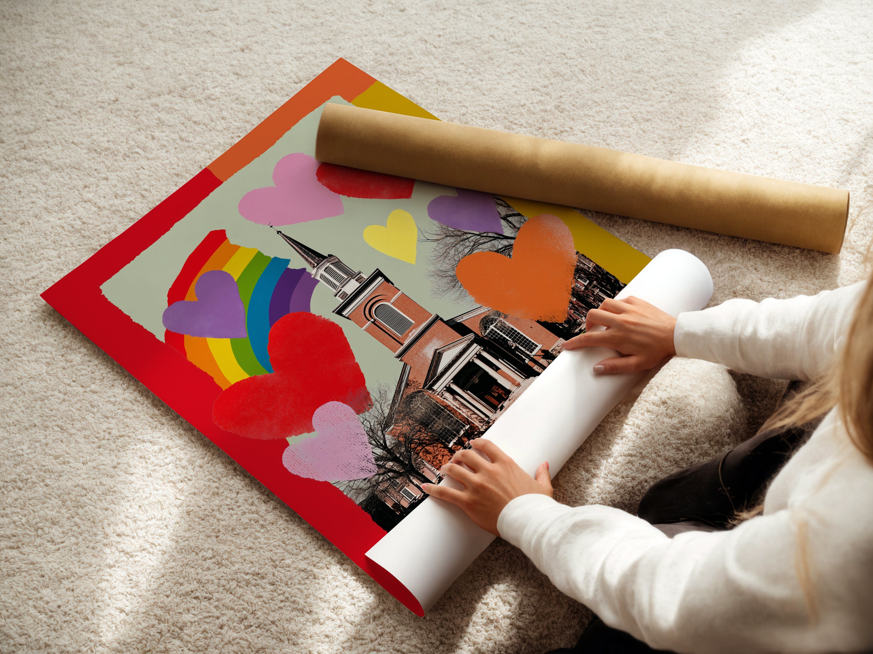 A woman is carefully rolling a fine art poster paper. The poster paper is high-quality. Ensure your art is preserved beautifully. Discover our range of fine art poster papers for stunning prints.