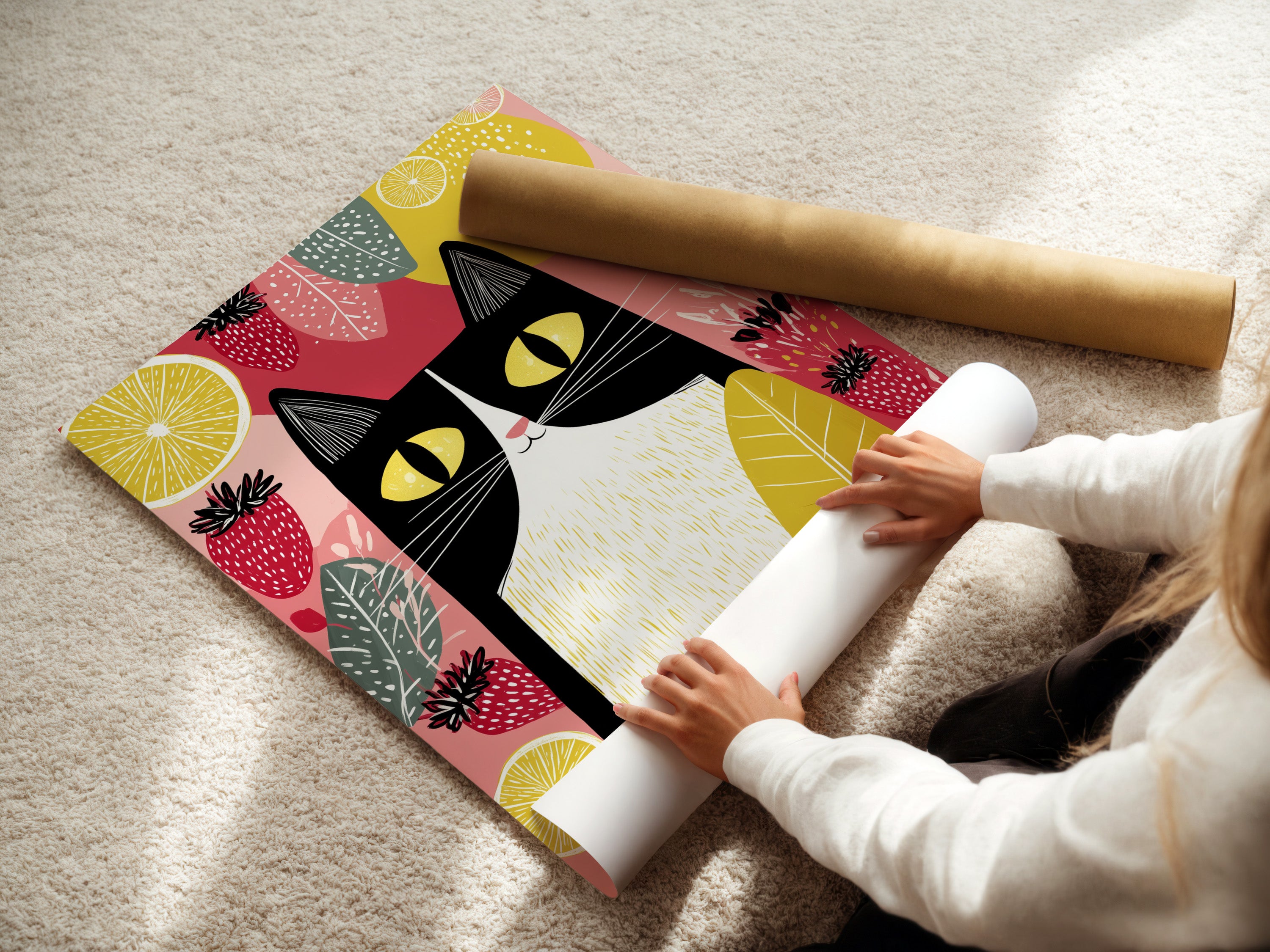 A woman is carefully rolling a fine art poster paper. The paper features a colorful cat artwork. This kitchen wall art is perfect for any home. The modern folk cat canvas is ideal for framing. It will add personality to any space. It is great as Scandinavian art.