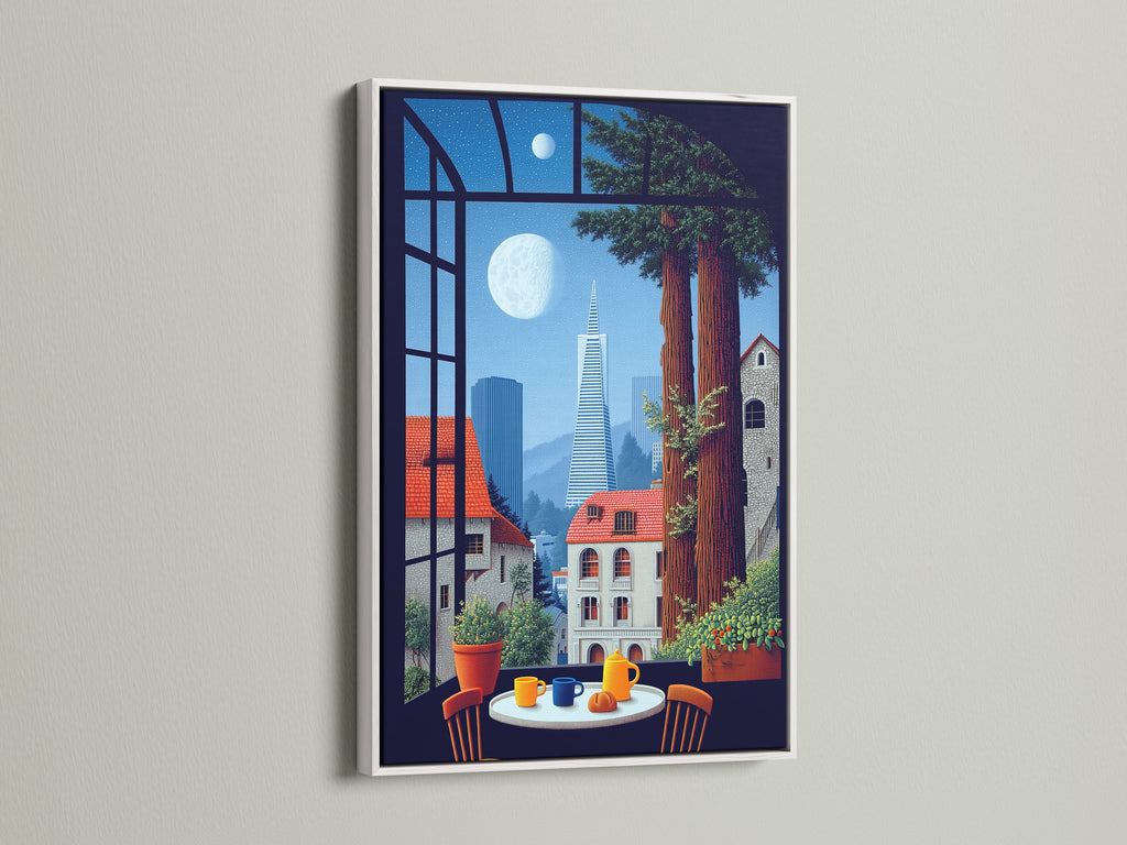 Framed cityscape artwork with a white frame. This window view print captures San Francisco's beauty. Add urban wall decor to your dining room. The city scene artwork brings California into your home. It's modern canvas art.