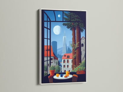 Framed cityscape artwork with a white frame. This window view print captures San Francisco's beauty. Add urban wall decor to your dining room. The city scene artwork brings California into your home. It's modern canvas art.