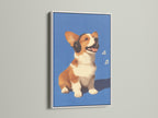 Corgi Music Artwork Print with white frame. A fun piece for kids room decor. Blue pet portrait for office wall decor. This corgi canvas is a thoughtful gift for a pet owner. The contemporary style makes it ideal for any room.