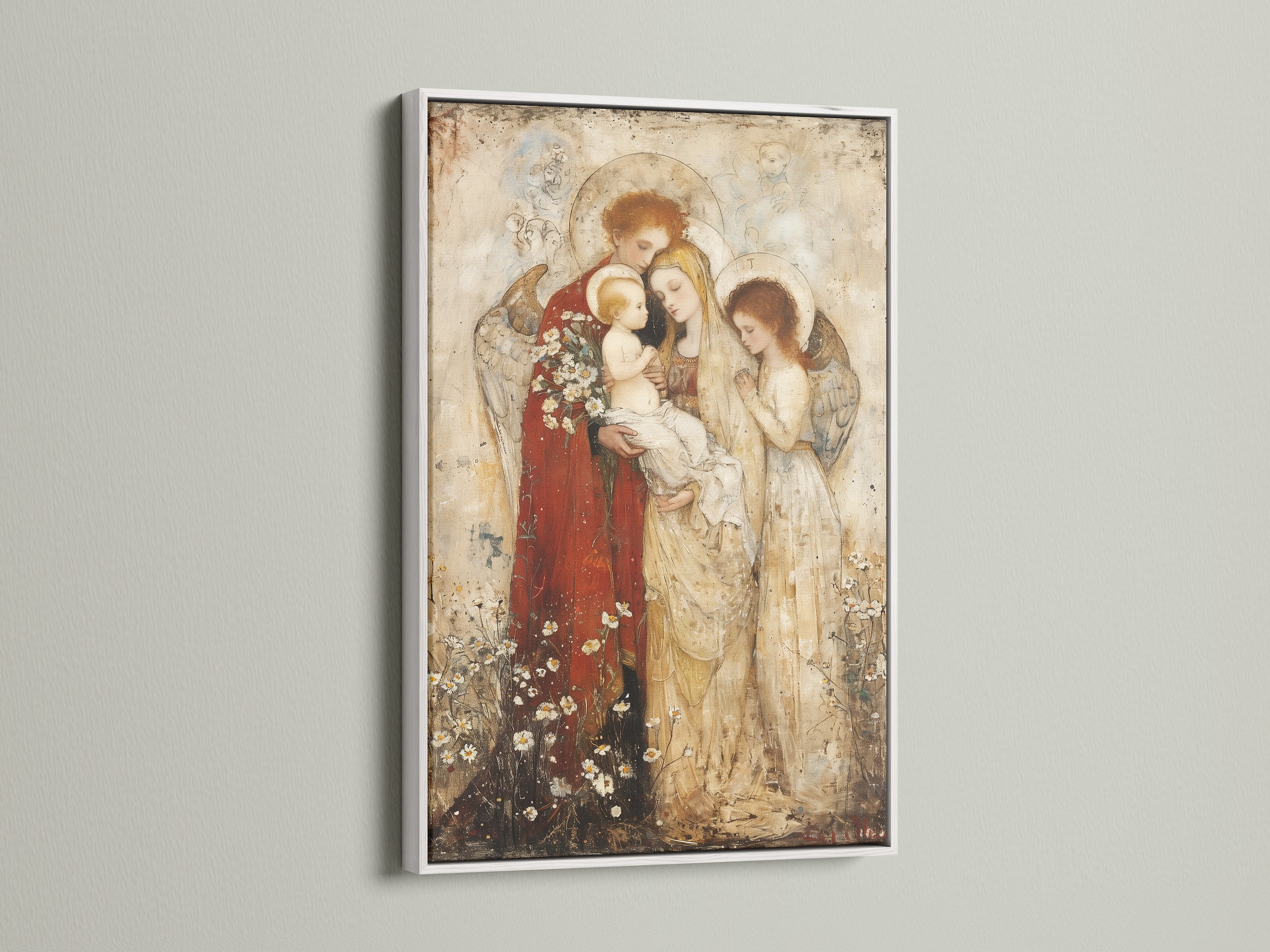 Madonna and Child Renaissance religious artwork in a white frame. The artwork enhances nursery decor. It is also perfect for prayer rooms or office wall art. Consider this spiritual artwork.