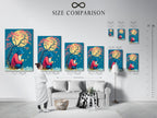 Size comparison chart in an interior setting. The chart displays various sizes for a Wizard Canvas Print. It's mystical tree wall art for meditation room decor. Visualize spiritual magic wall art for zen artwork. This serene art print is calming wall art for any space.
