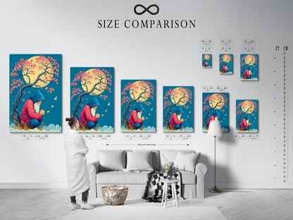 Size comparison chart in an interior setting. The chart displays various sizes for a Wizard Canvas Print. It's mystical tree wall art for meditation room decor. Visualize spiritual magic wall art for zen artwork. This serene art print is calming wall art for any space.