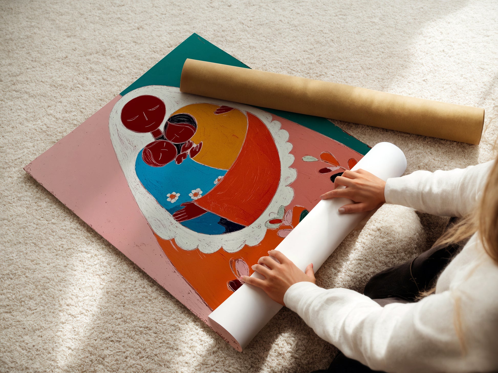 A woman carefully rolling a fine art poster paper. The paper is high-quality ensuring vibrant colors. Our fine art posters offer exceptional detail and longevity. Perfect for art enthusiasts and collectors alike. 