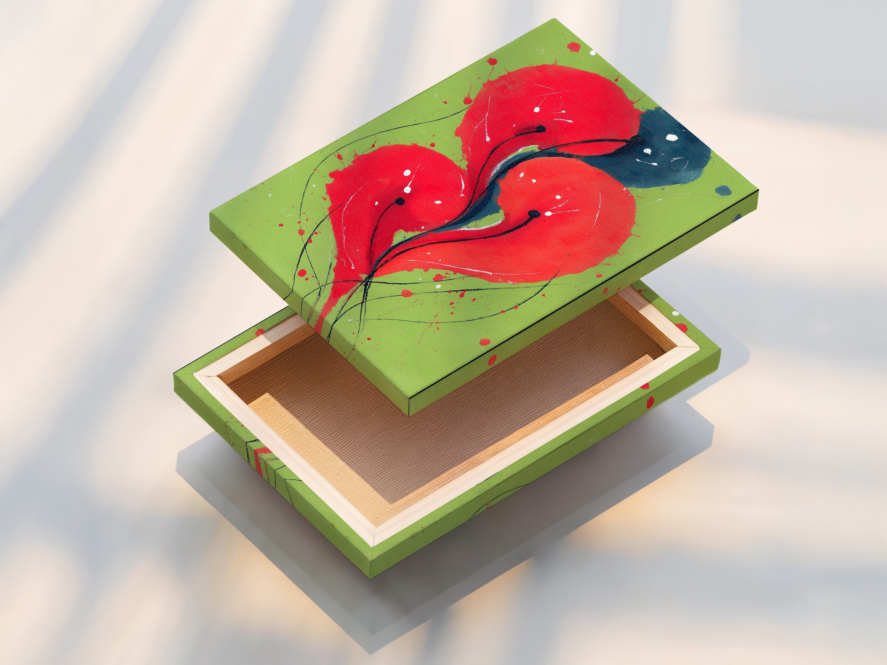 This is a stretched canvas print of abstract floral artwork. The red and blue modern botanical art is ready to hang. Transform your space with this vibrant and eye-catching wall decor. This stretched canvas print offers a gallery-quality look. It is perfect for any room in your home.