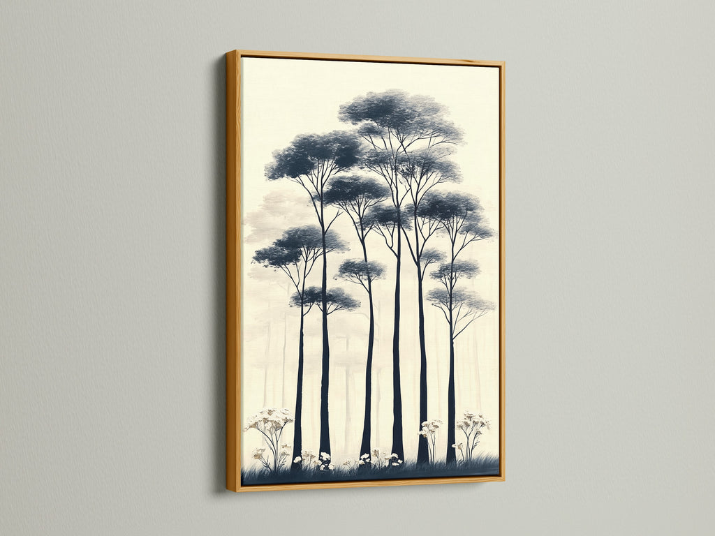 Elevate your decor with forest trees canvas art in a gold frame. This minimalist print features neutral tones and botanical artwork. The gold frame adds a touch of luxury. Perfect for hallway wall art and Scandi decor. Bring a touch of nature and elegance to your space.