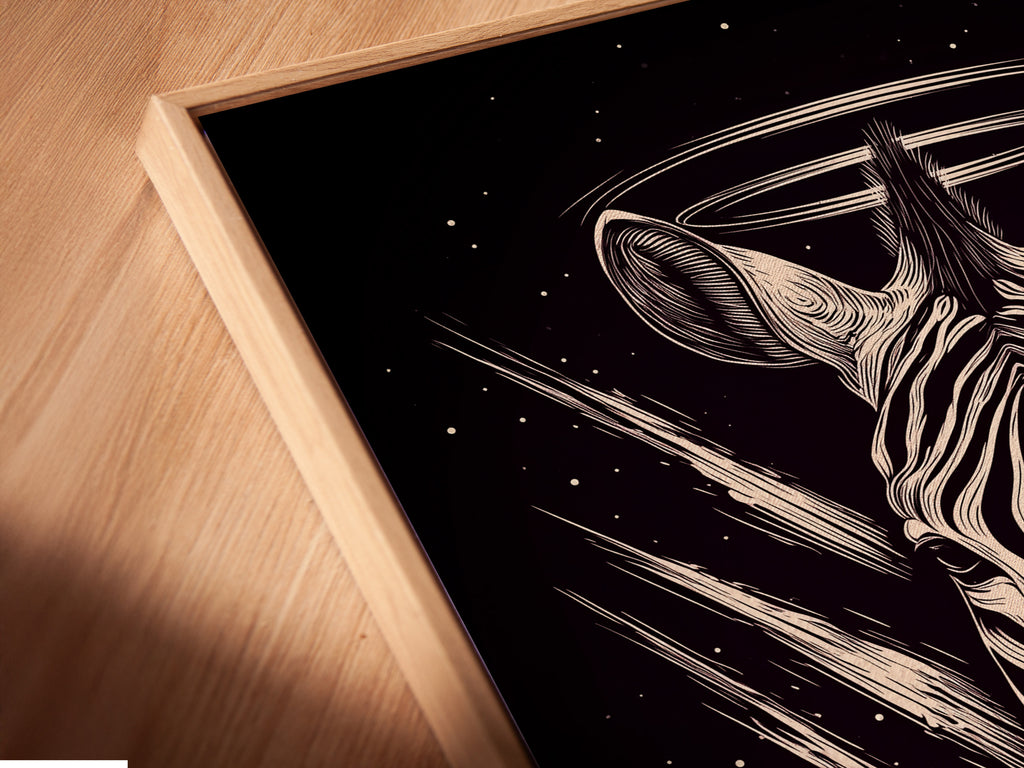 Angled close-up of a Zebra Celestial canvas print in a floating frame. This gothic animal wall art features sacred geometry. The floating frame enhances the artwork. Perfect for gothic home decor and dark wall decor. A modern gothic art piece.