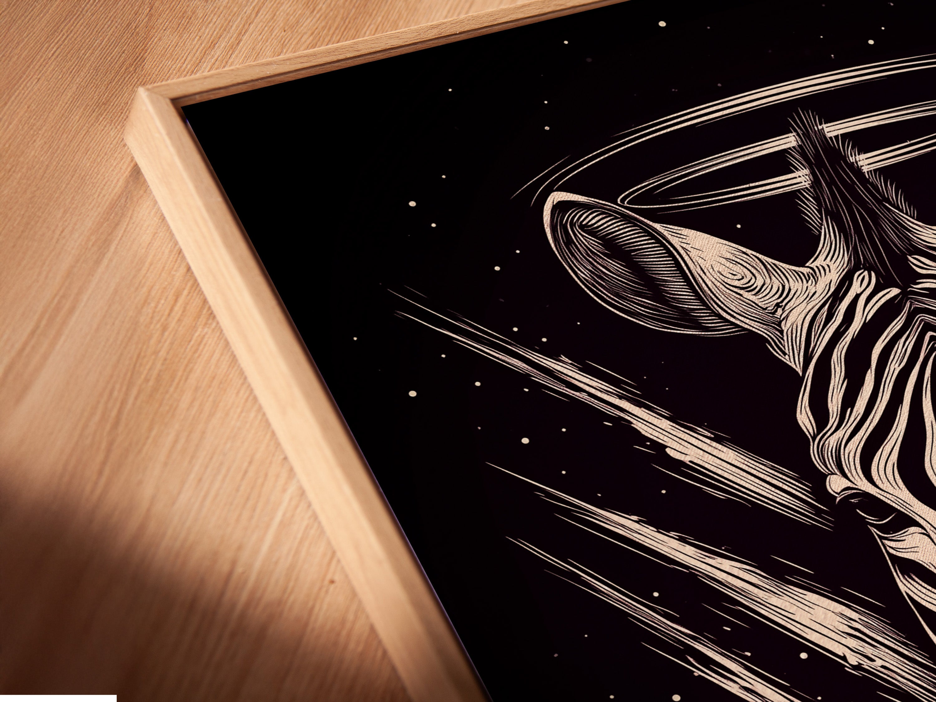 Angled close-up of a Zebra Celestial canvas print in a floating frame. This gothic animal wall art features sacred geometry. The floating frame enhances the artwork. Perfect for gothic home decor and dark wall decor. A modern gothic art piece.