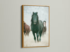 Wild horses artwork in a gold frame. This rustic artwork adds a touch of the Wild West to any room. Perfect for living rooms bedrooms or offices seeking a country or farmhouse style. This artwork is great for ranchers or anyone that appreciates wildlife art. Gold frames add elegance to any room.