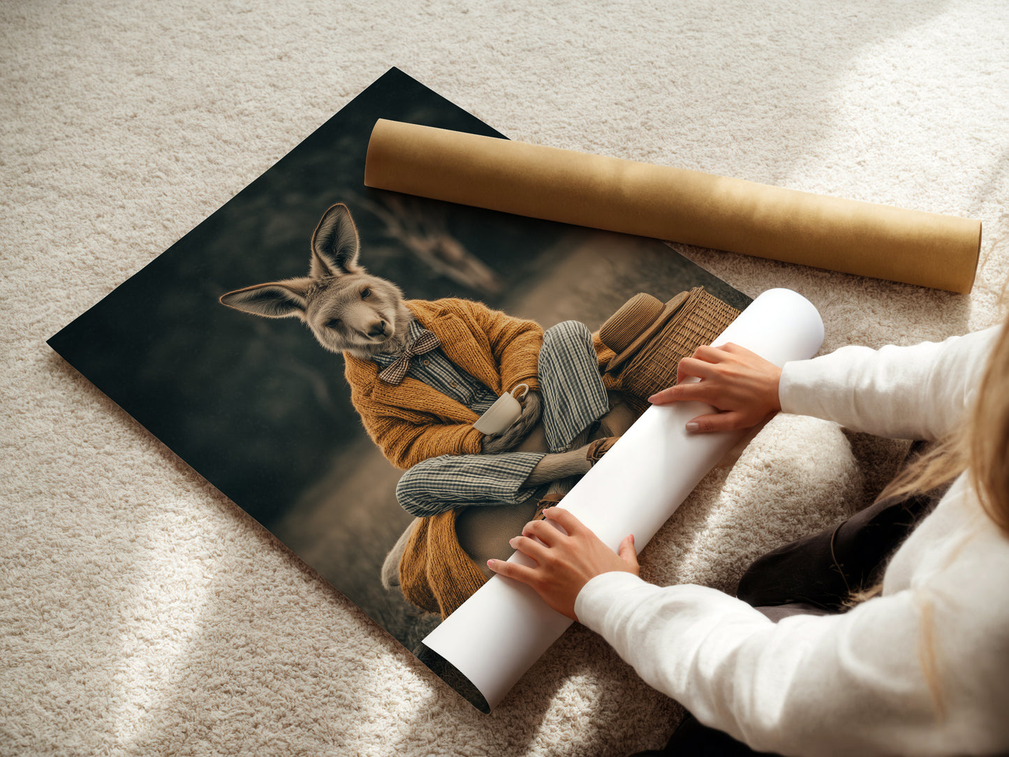 A woman carefully rolls a fine art poster paper. This highlights the care in preparing artwork. The quality of the poster paper ensures vibrant prints. Perfect for creating stunning wall art. The rolled poster shows the attention to detail. Ideal for professionals and art enthusiasts. Experience the beauty of fine art.