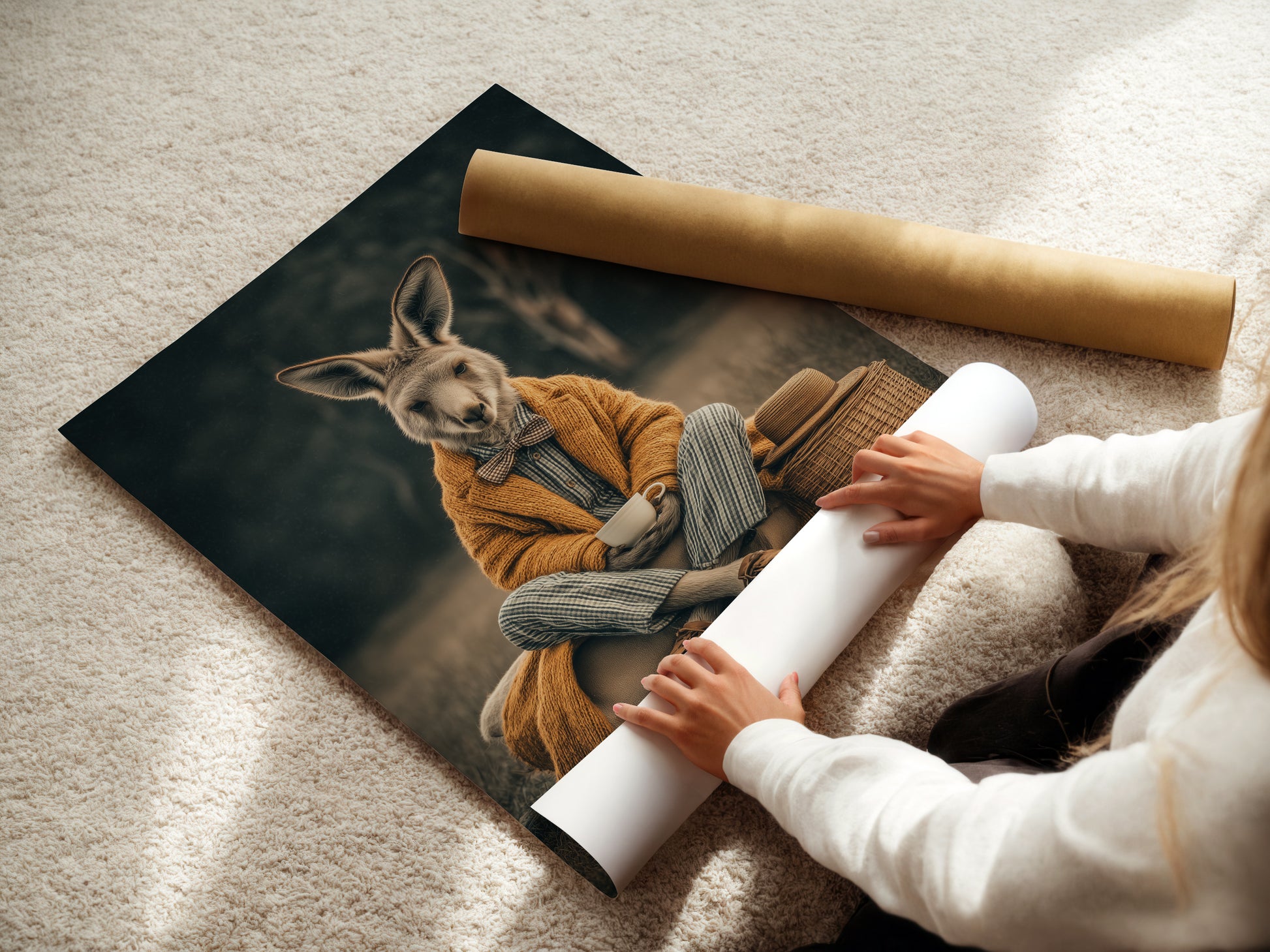 A woman carefully rolls a fine art poster paper. This highlights the care in preparing artwork. The quality of the poster paper ensures vibrant prints. Perfect for creating stunning wall art. The rolled poster shows the attention to detail. Ideal for professionals and art enthusiasts. Experience the beauty of fine art.