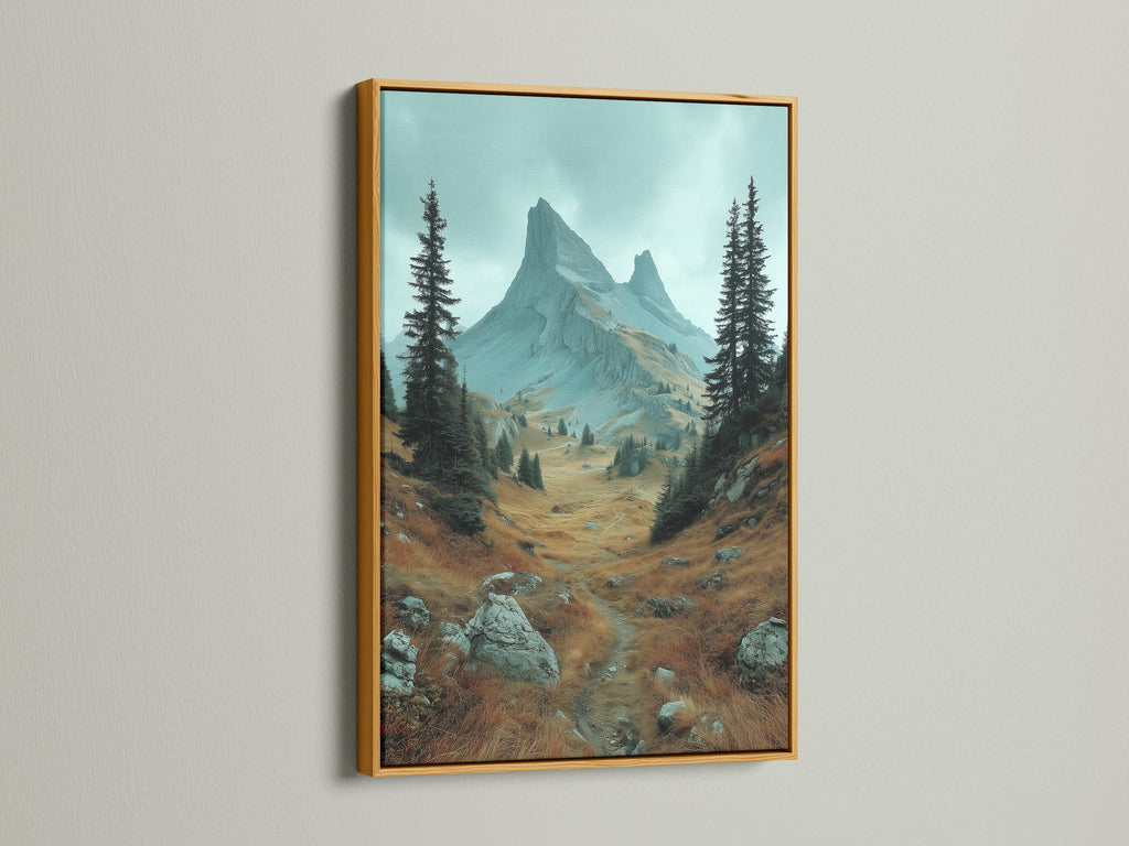 Gold frame mountain landscape artwork. This nature photography highlights a beautiful alpine valley. The gold frame enhances the rustic wall art. Ideal for adding a touch of elegance to your mountain decor. It's perfect as cabin decor or earth tone wall art.