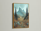 Gold frame mountain landscape artwork. This nature photography highlights a beautiful alpine valley. The gold frame enhances the rustic wall art. Ideal for adding a touch of elegance to your mountain decor. It's perfect as cabin decor or earth tone wall art.
