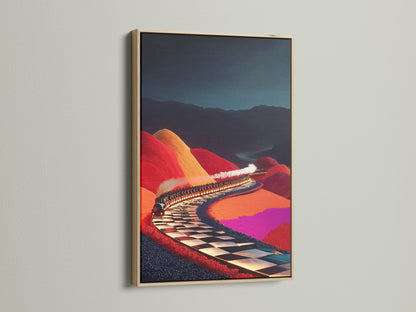 Surreal Train Ride artwork with an oak frame. This train wall art is a surreal landscape that adds a touch of fantasy. The artwork is perfect for game room decor. The vivid art print enhances any space. Bring a unique dreamscape to your walls with this colorful art.