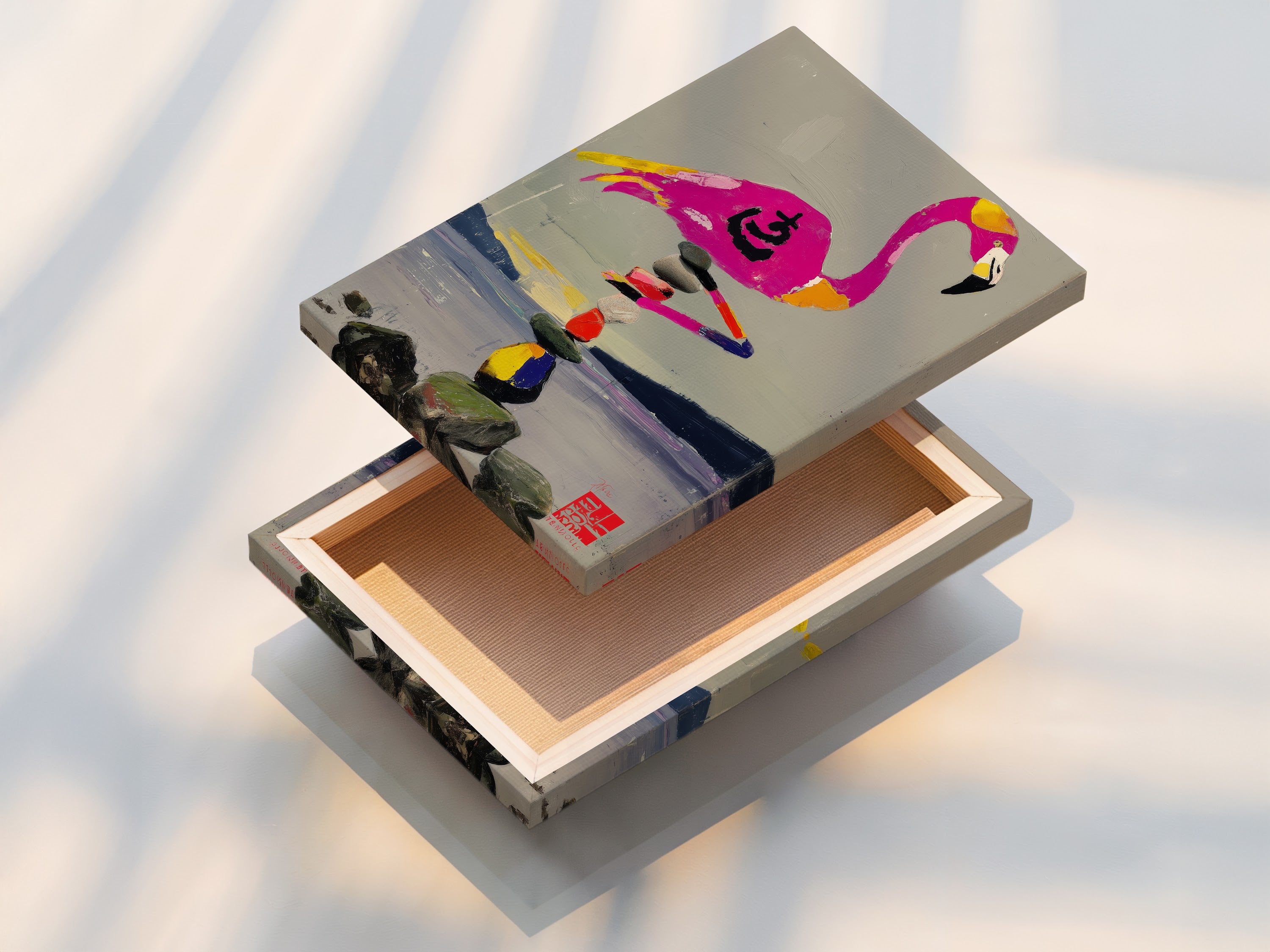 A stretched canvas print displays a flamingo balancing on zen stones. The artwork is ready to hang. It offers a vibrant and textured look. This canvas print will add a touch of coastal and tropical style to your living space.