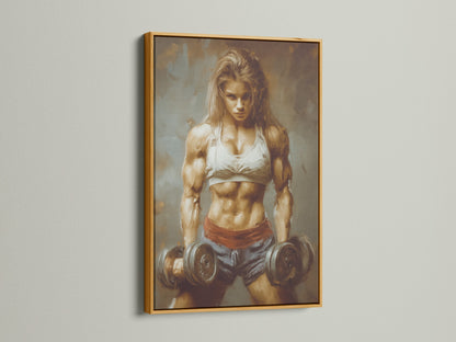 Gold frame artwork of a strong woman canvas print. Fitness motivation for your home gym decor. See the female bodybuilder artwork. Perfect for gym wall decor. Enhance your workout space with this art.