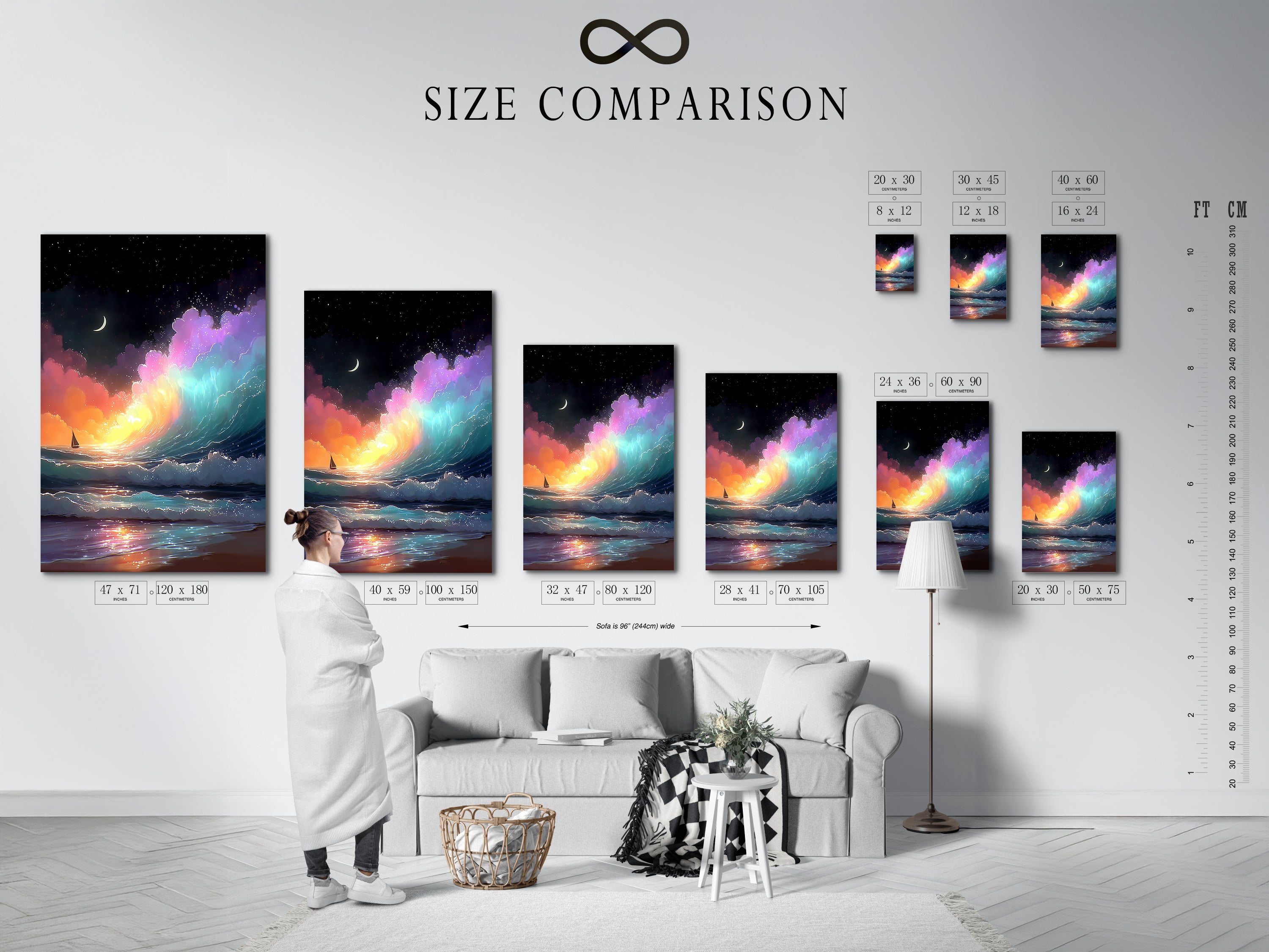 A size comparison chart is displayed in an interior setting. The chart helps visualize the artwork's dimensions. The artwork is an ocean wave with a pastel sky. It helps choose the perfect size for your space.
