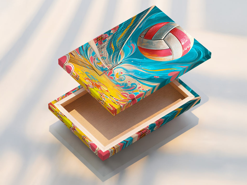 A stretched canvas print of volleyball art. This beach sport artwork is perfect for teen room decor. The fun game artwork adds a vibrant touch. The sand court print brings a summer vibe. The pink and blue hues are modern and energetic.