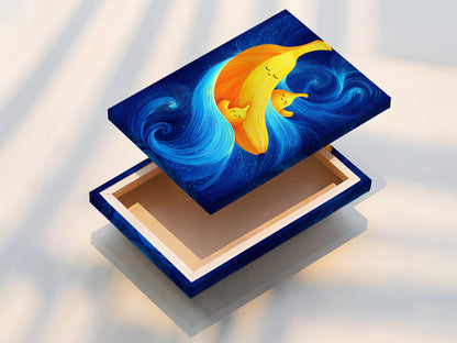 A stretched canvas print of the Banana Family Canvas artwork is displayed. The yellow and blue art adds a modern touch to any room. This whimsical art is perfect for kids room decor. It is a fun abstract fruit wall art.