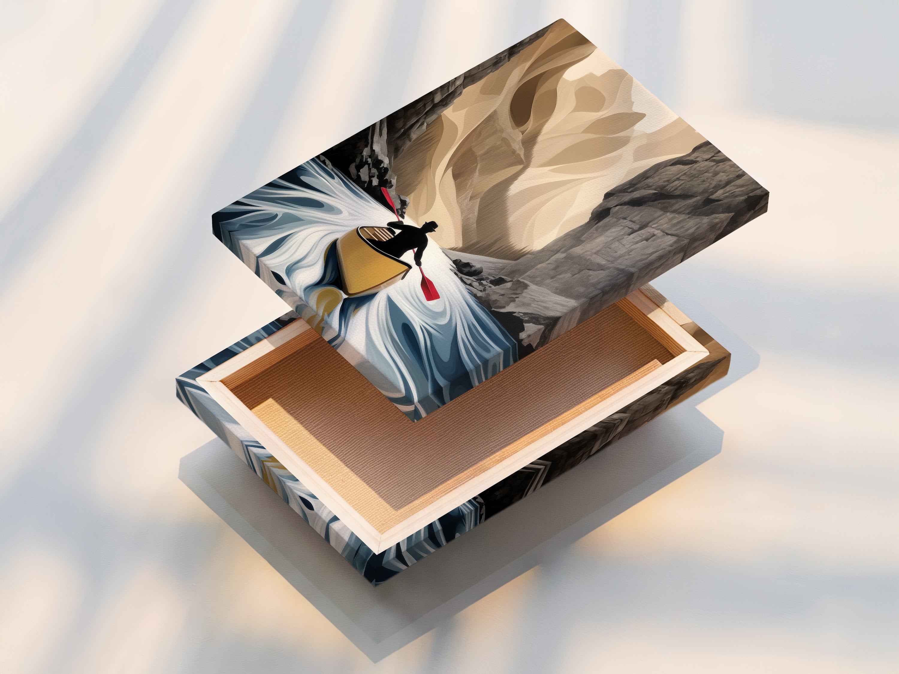 A stretched canvas print of the Canoe River artwork. The print is ready to hang and enjoy. The stretched canvas enhances the artwork's texture and depth. This is a perfect piece for adding a focal point to any room.