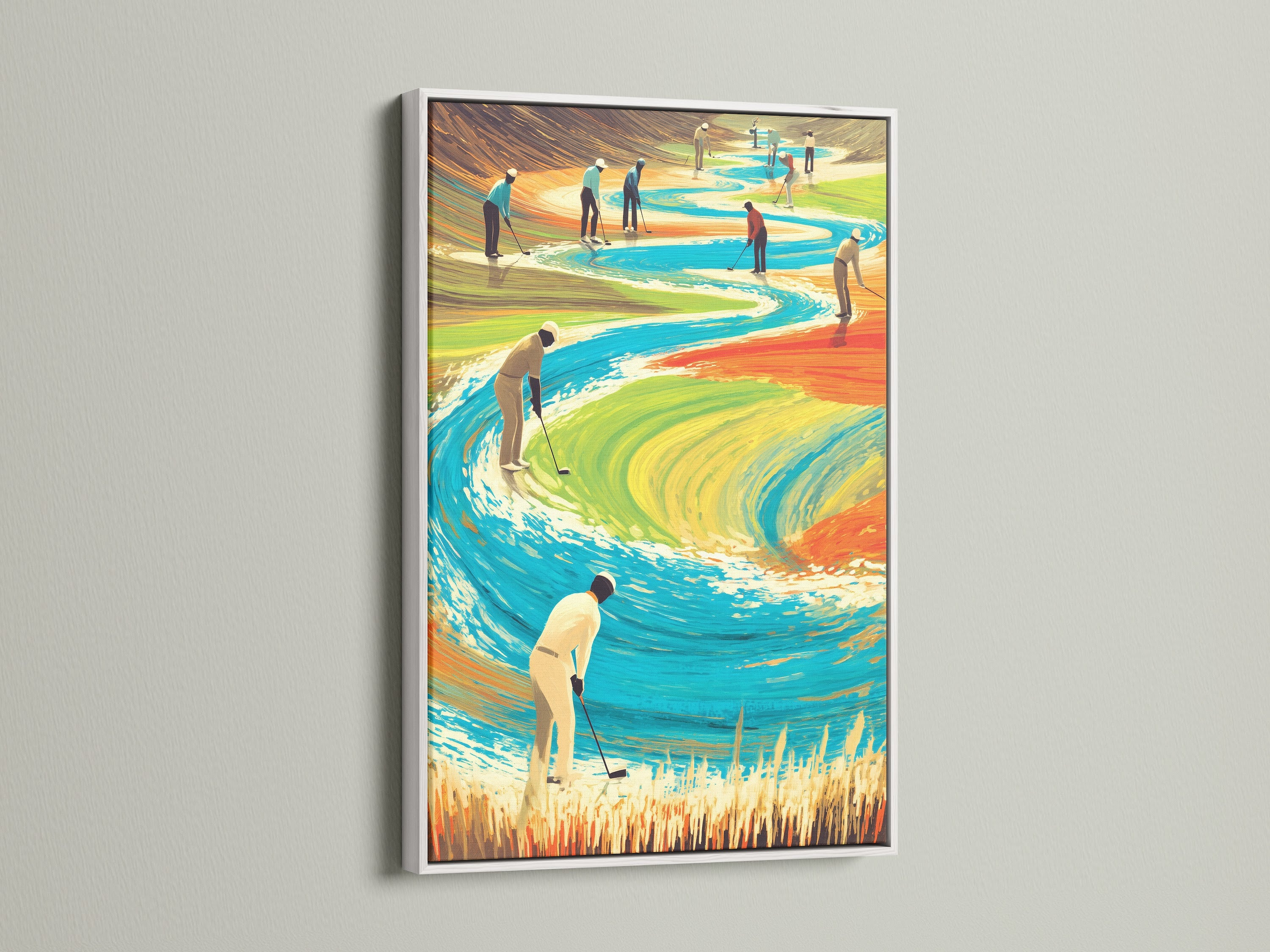 Golf course artwork displayed in a white frame. This modern piece enhances your wall decor. The surreal art print brings a contemporary feel. Perfect for minimalist and modern styles. Elevate your space with this art