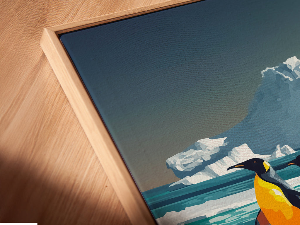 A close-up of a canvas print in a floating frame. The penguin artwork captures the beauty of arctic wildlife. This piece is perfect for adding a touch of marine life to a modern interior. This contemporary artwork is great for any room