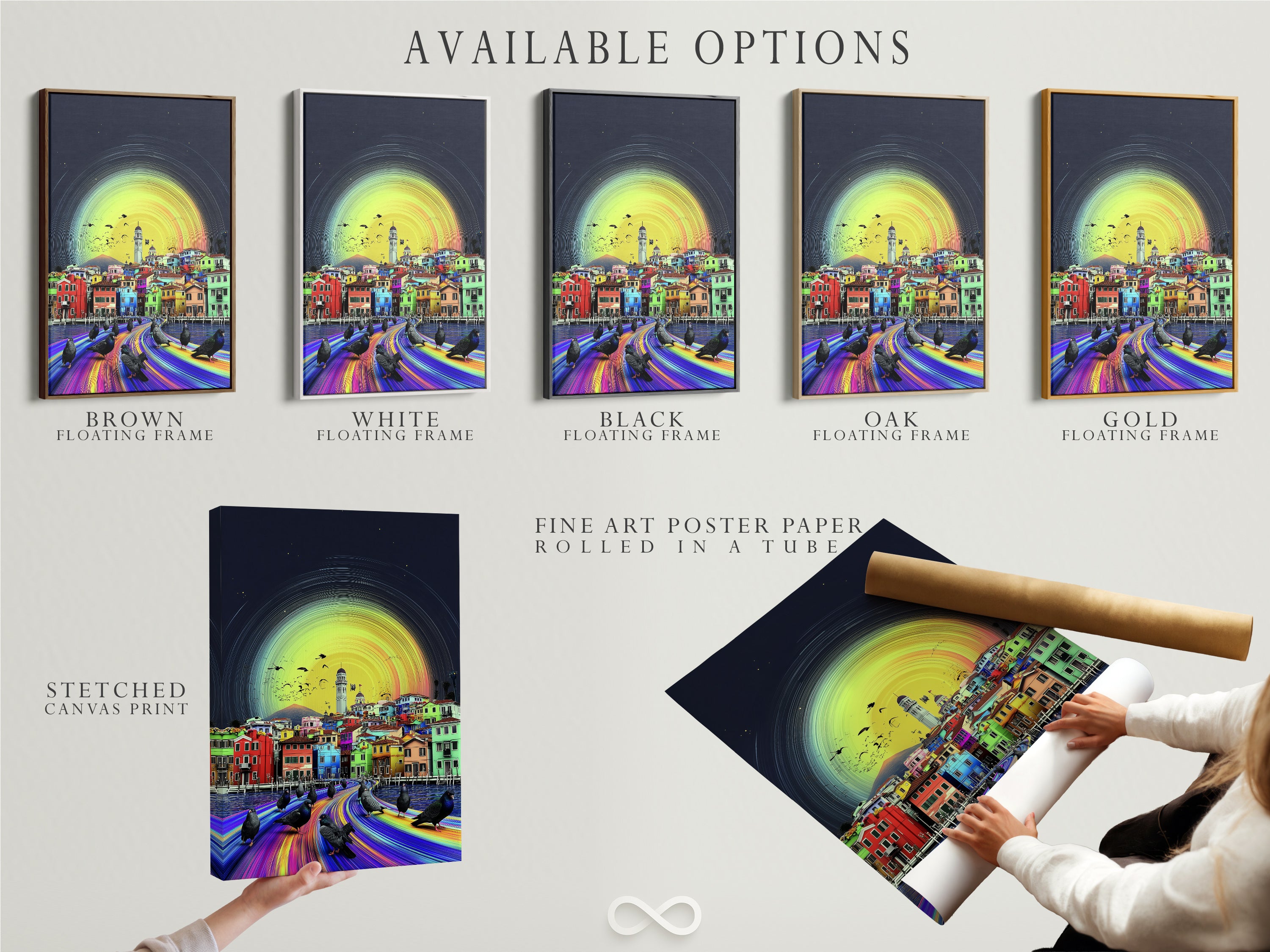 Explore available options for this Venice artwork. Choose from stretched canvas print fine art poster paper or floating frame. Customize your Italian decor to match your style. Perfect for modern multi-colored art.
