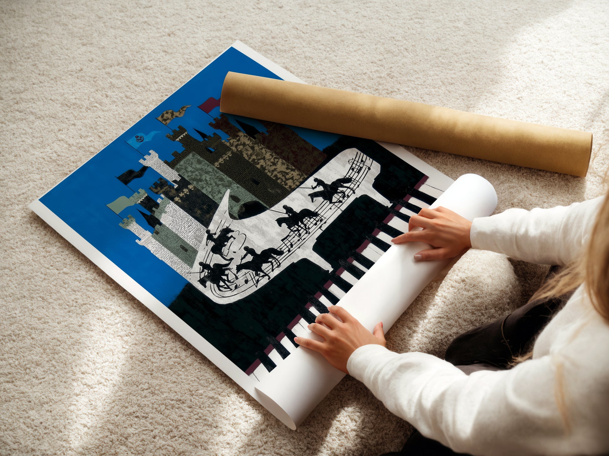 A woman is carefully rolling a fine art poster paper of the Piano Castle artwork. The artwork includes a castle on a piano keyboard. Knights are riding across the keys. This high-quality poster is perfect for music lovers and art collectors.
