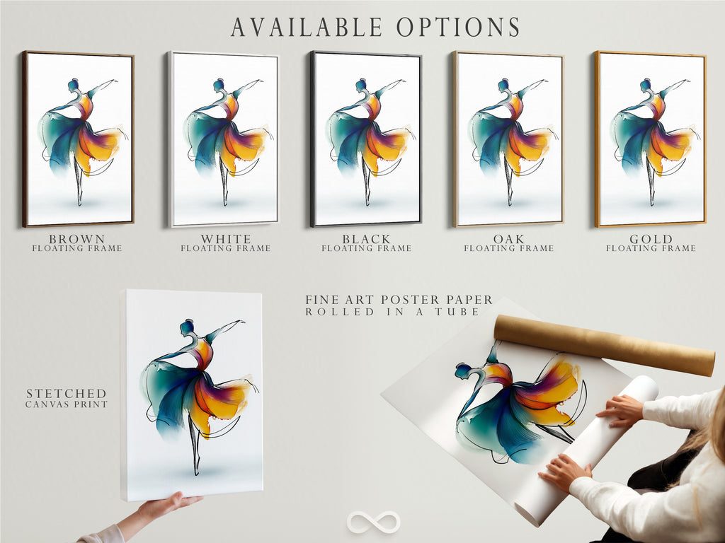 Available options for the ballet dancer artwork are shown. Choose from a stretched canvas print a fine art poster paper or a floating frame. The abstract watercolor art is perfect for dance studio decor and modern wall art.