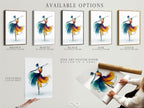 Available options for the ballet dancer artwork are shown. Choose from a stretched canvas print a fine art poster paper or a floating frame. The abstract watercolor art is perfect for dance studio decor and modern wall art.