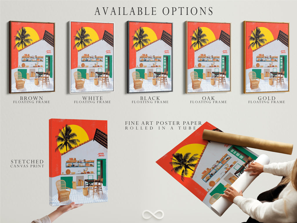 Explore available options for coastal kitchen artwork. Choose from a stretched canvas print. Fine art poster paper and floating frame options are available. Tropical palm wall art enhances island decor. Perfect for vacation homes. Customize your coastal artwork today.