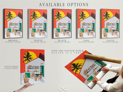 Explore available options for coastal kitchen artwork. Choose from a stretched canvas print. Fine art poster paper and floating frame options are available. Tropical palm wall art enhances island decor. Perfect for vacation homes. Customize your coastal artwork today.