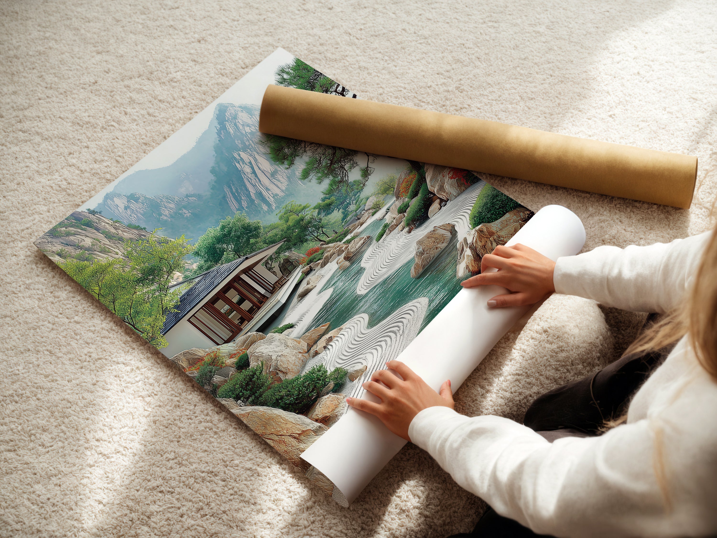 A woman is carefully rolling a fine art poster paper. High-quality materials ensure vibrant prints. Order your Zen Garden landscape art today. Create a peaceful atmosphere with our art prints. Perfect for meditation spaces.