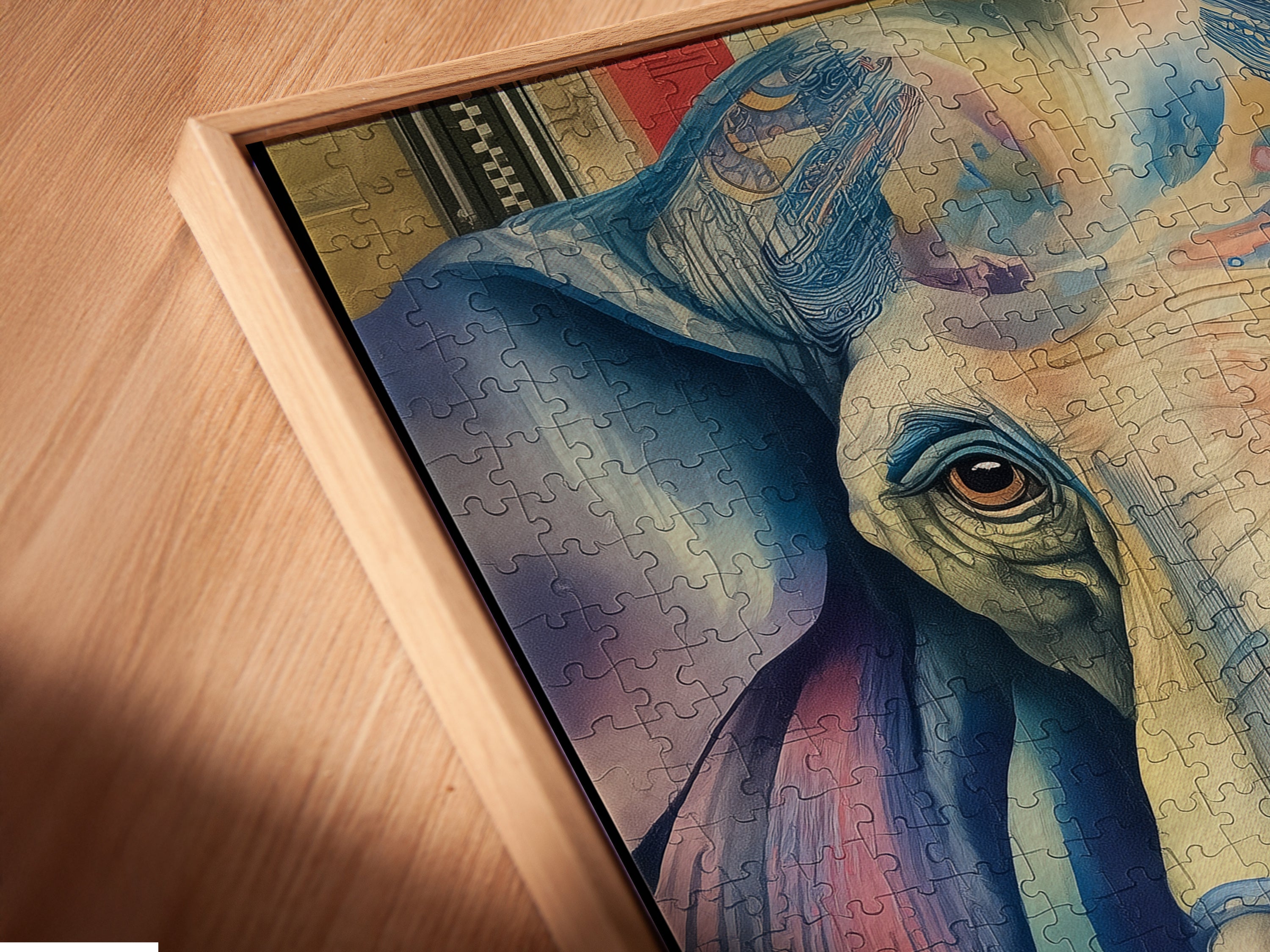 A close-up showcases an elephant canvas print in a floating frame. The frame provides a modern touch. The artwork's vintage bohemian style complements contemporary decor. Its colorful animal print and intricate details captivate attention. This piece is perfect for galleries and studios. It is great for living room wall art.