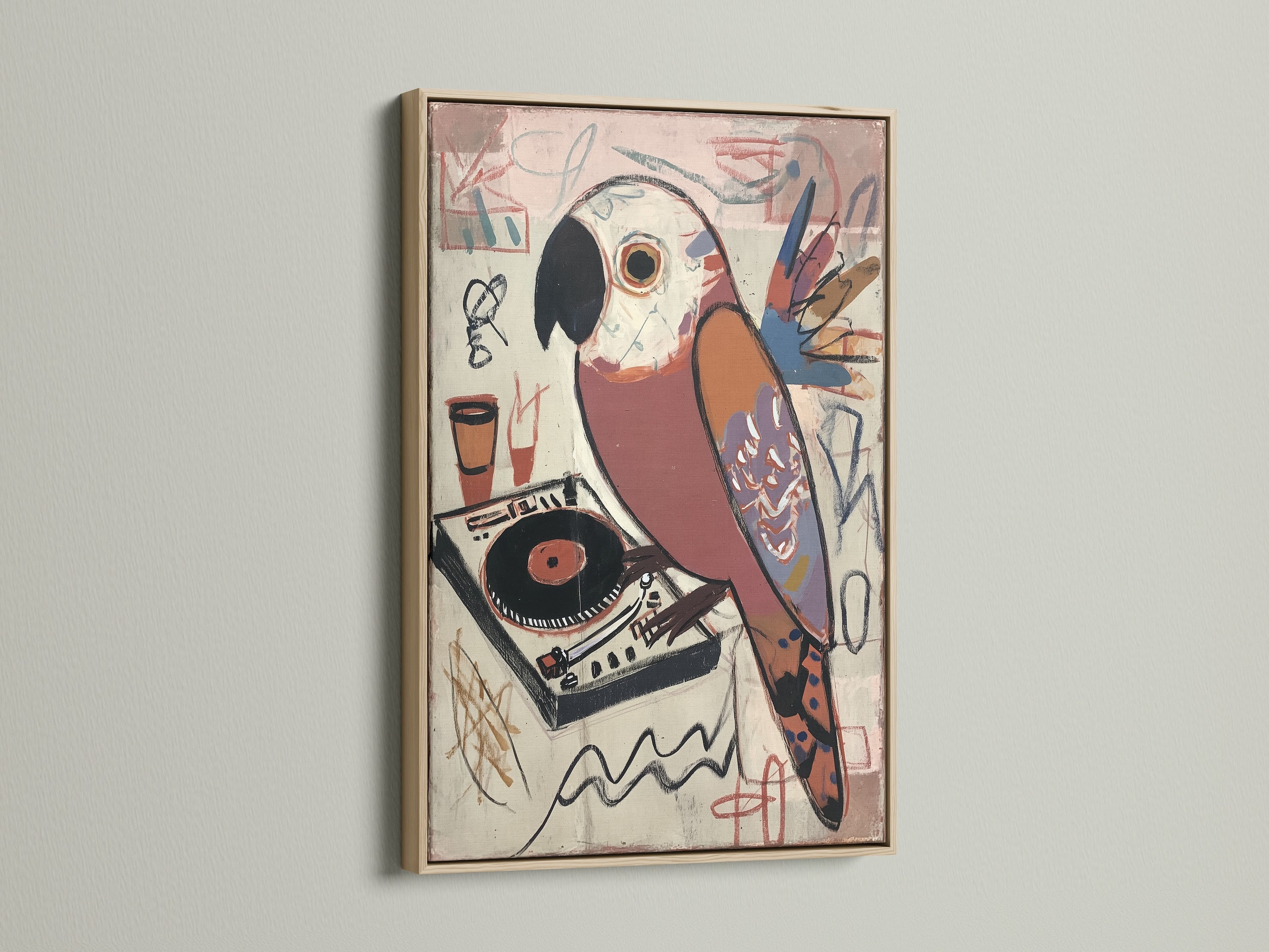 Vintage Parrot DJ Artwork in an Oak Frame. The music bird print adds a retro touch to any room. Ideal for vinyl collectors and music lovers. Enhance your space with this unique piece.