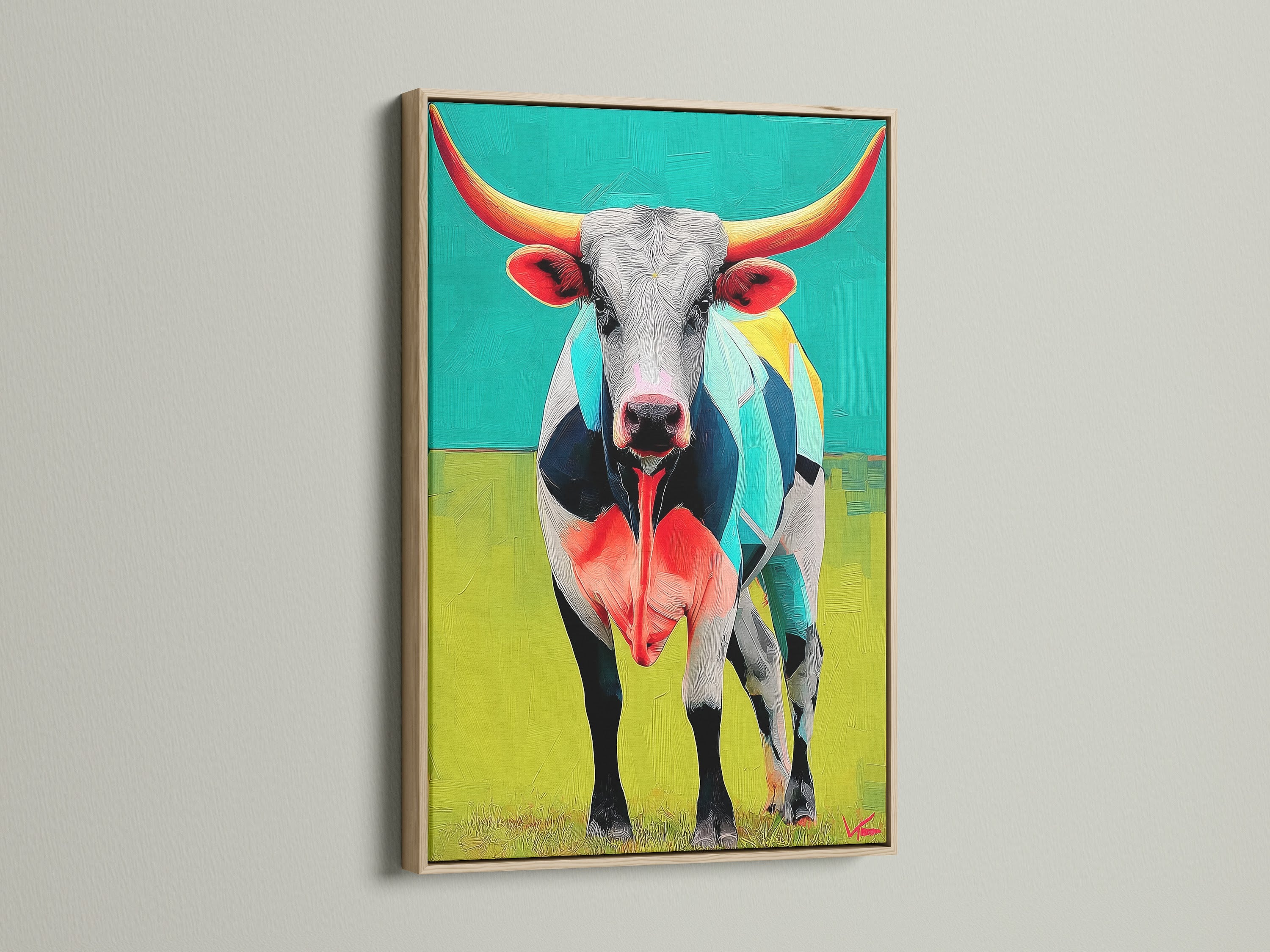 A Longhorn Steer painting graces a wall in an oak frame. This animal canvas showcases farmhouse decor at its finest. Ideal as office wall art it brings a modern touch. The steer painting is a striking piece of western art. Perfect for Texas art print enthusiasts and contemporary art lovers.
