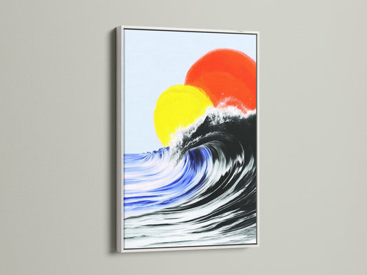 This is a white frame. The colorful surf art features a dynamic ocean wave. It is a modern beach wall art piece for any coastal bedroom. This sunset wave painting adds beauty to your space. Perfect as coastal decor.